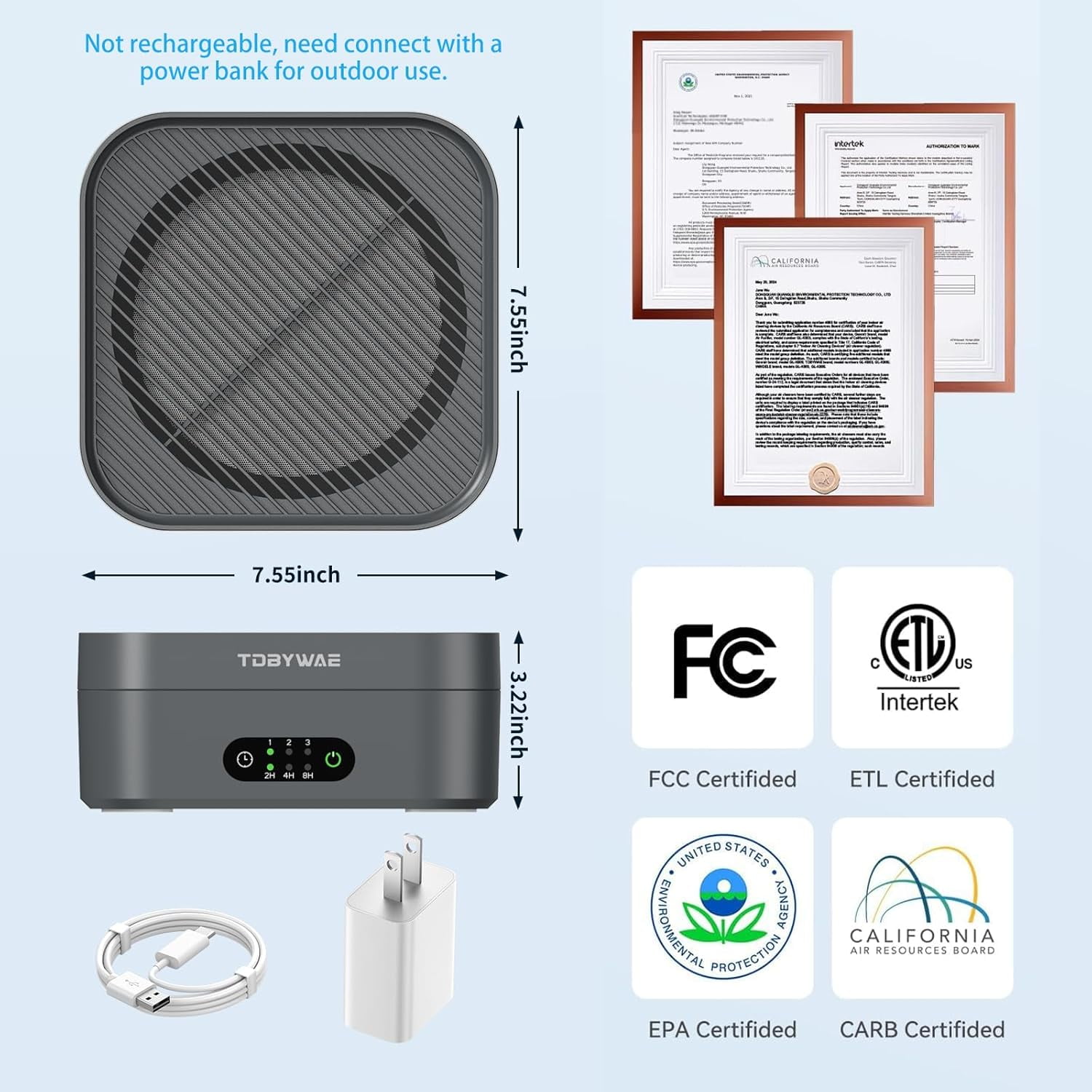 Purifier for Home 600 Sq.Ft, H13 True HEPA Filter with USB-C for Pets Dust Dander Pollen Odor , Small Portable Purifier for Bedroom Office Desktop Car RV
