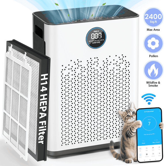 Air Purifier for Home Large Rooms up to 2400 Sq.ft, HEPA Air Purifiers with WIFi and Washable Pre-Filter for Wildfire,Smoke, Pollen, Dust, Pet Fur & Odor, AP407, White+Black