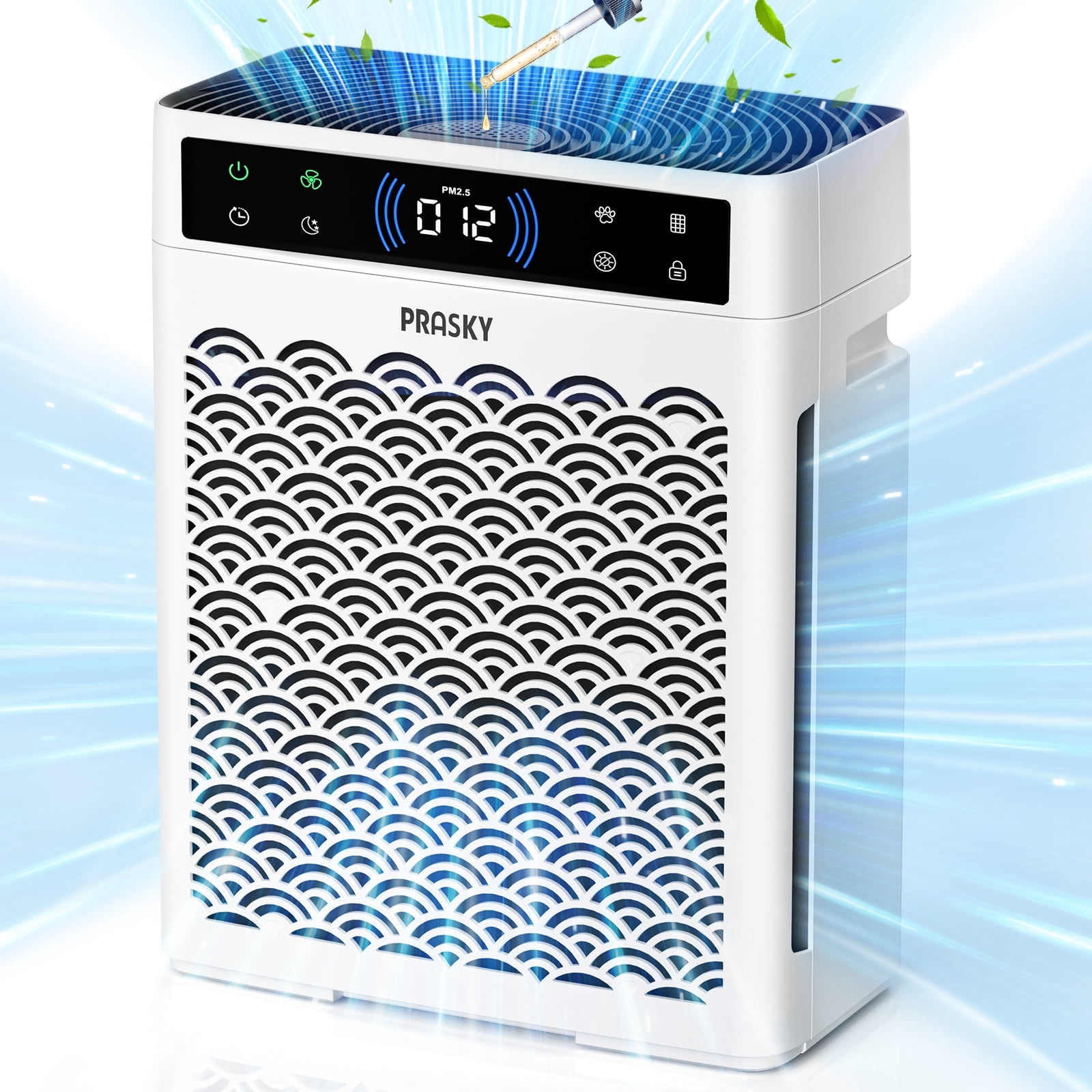 PRASKY Air Purifier for Home Large Room up to 2250 Sq ft, True HEPA Filter for Pets, Smoke & Allergies | Quiet for Bedroom (White)