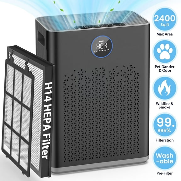 Air Purifiers for Large rooms up to 2400 Sq.ft, Air Purifiers for Allergies and Asthma, Wildfire, Pet Odor, Pollen, with Washable Pre-Filter, AP307, Black + Gray
