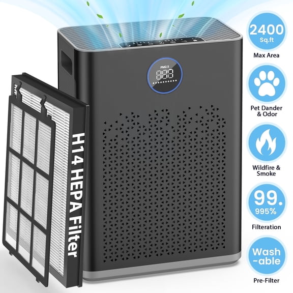 Air Purifiers for Large rooms up to 2400 Sq.ft, Air Purifiers for Allergies and Asthma, Wildfire, Pet Odor, Pollen, with Washable Pre-Filter, AP307, Black + Gray