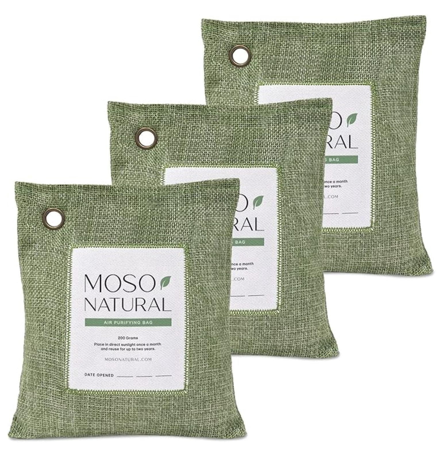 Air Purifying Bag 200g (3 Pack). A Scent Free Odor for Cars, Closets, Bathrooms, Pet Areas. Premium Moso Bamboo Charcoal Odor Absorber. Two Year Lifespan! (Green)
