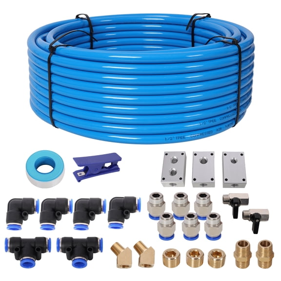 Air Push to Connect Kit: Complete 1/2" (OD) / 3/8" (ID) x 100-Feet TPEE Tubing Air Piping System,Blue Tubing