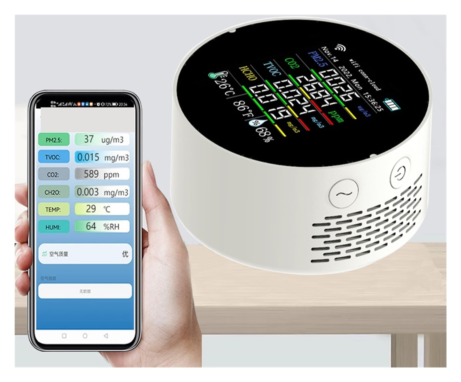 Air Quality Meter 7in1 PM2.5 CO2 TVOC HCHO Temperature Humidity Tester