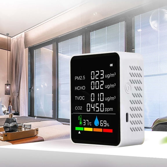 Air Quality Monitor, 5-in-1 Indoor Air Detector with HCHO TVOC CO2 Sensor, Rechargeable LED Display Temperature Humidity Meter Portable Tester