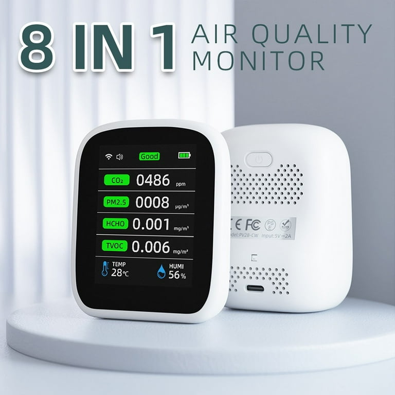 Air Quality Monitor,8-in-1 Multi-Functional CO2 Detector WiFi Air Quality  Detector for CO2 PM2.5 PM10,HCHO,TVOC Monitor, Auto-Sleep and Wake-Up  Function 