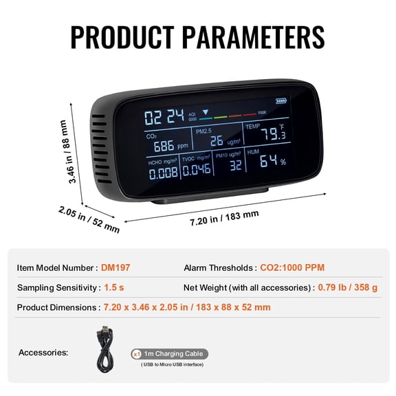 Air Quality Monitor 9-IN-1, CO2, Temperature, Humidity, Formaldehyde TVOC AQI Tester, Professional PM2.5 PM10 PM1.0 Particle Counter for Indoor/Outdoor, Air Quality Meter w/Alarm Thresholds