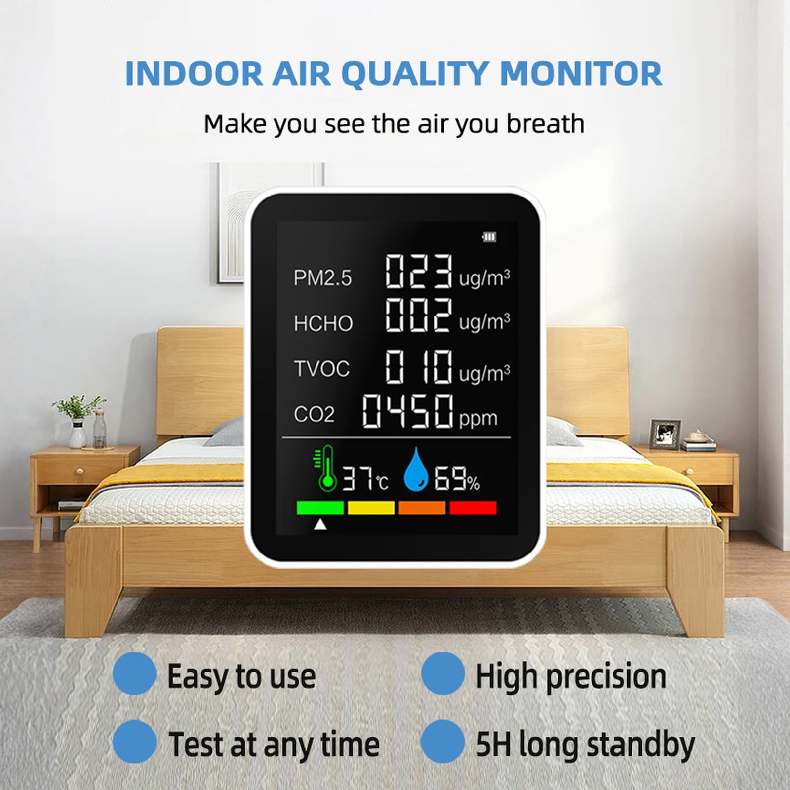 Air Quality Monitor CO2-Detector PM2.5-PM1.0 TVOC Tester with Temperature Humidity Display Indoor Air Pollution Meter for Home Bedroom Living Room Real Time Digital Readout, Black