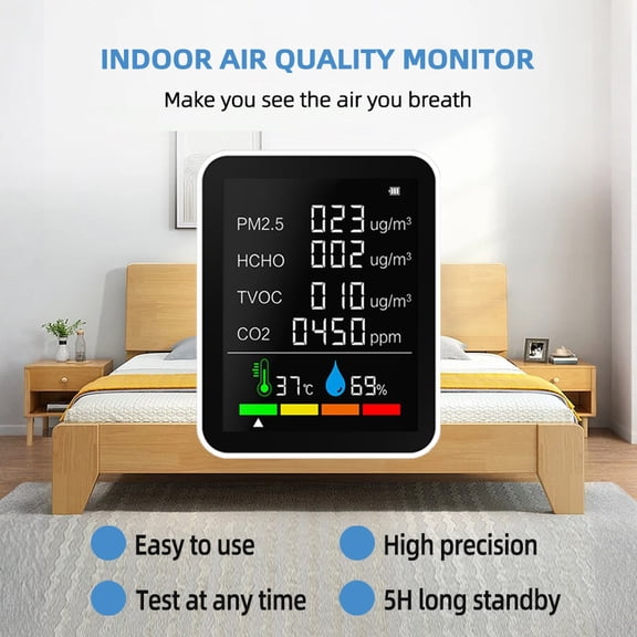 Air Quality Monitor CO2-Detector PM2.5-PM1.0 TVOC Tester with Temperature Humidity Display Indoor Air Pollution Meter for Home Bedroom Living Room Real Time Digital Readout, Black