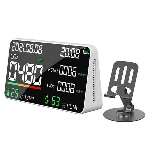 Air Quality Monitor CO2 HCHO TVOC Tester USB Rechargeable Room Temperature Humidity Meter Gas Analyzers,1 x CO2 detector 1 x bracket 1 x charging cable,White
