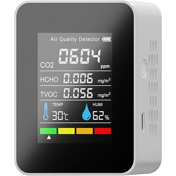Air Quality Monitor Indoor, 5-in-1 Professional Portable CO2 Detector, TVOC HCHO Humidity Temperature Meter, White