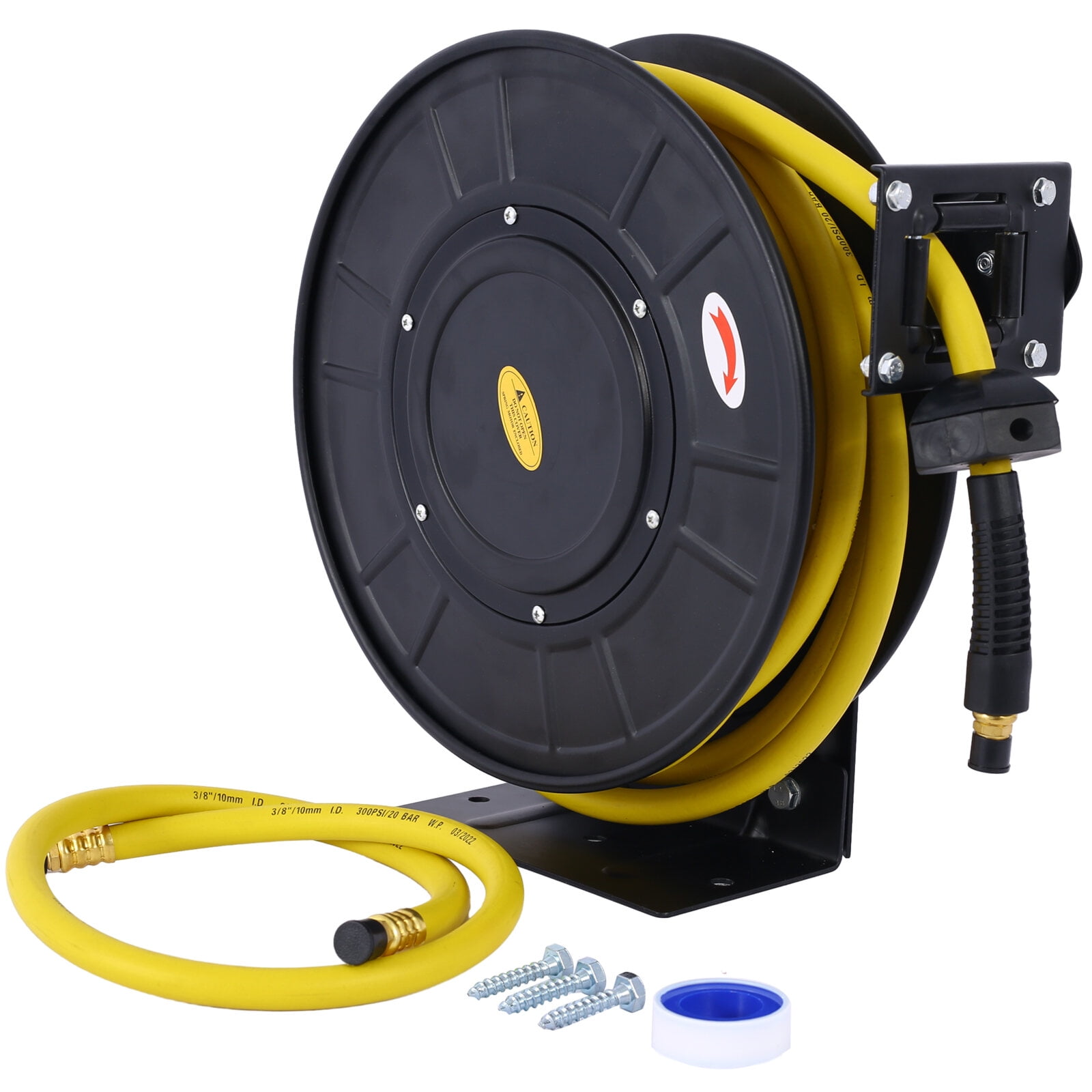 , Air Reel Retractable 3/8" Inch x 50' Feet Premium Commercial Flex Hybrid Polymer Hose Max 300 PSI Heavy Duty Steel Frame, Black ,Steel ,