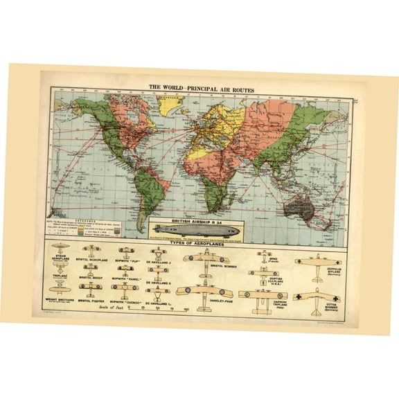 Air Routes Map 1920 Poster Metal Sign 8Inx 12In Metal Print 8x12 Square Adults Best Posters