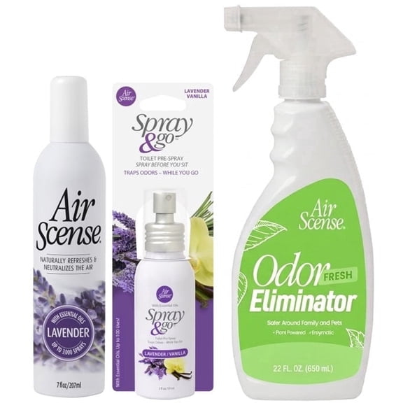 Air Scense Complete Air Care System  Natural Air Freshener, Toilet PreSpray & Odor Eliminator Bundle | PlantBased, NonAerosol Essential Oil Home Odor Control | Lavender & Lav-Van