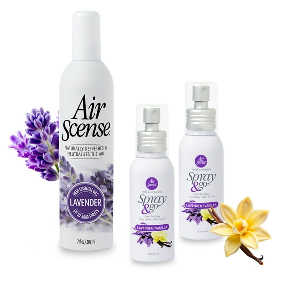 Air Scense Essential Oil Air Freshener, Non-Aerosol, 3-PK (Lovely Lavender Bundle) 1ea 7oz Lav and 2ea Lav/Van Spray & Go