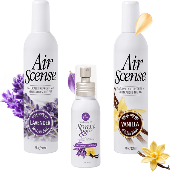 Air Scense Essential Oil Air Freshener, 7 oz + Spray & Go, 2 oz (Lavender Vanilla Bundle)