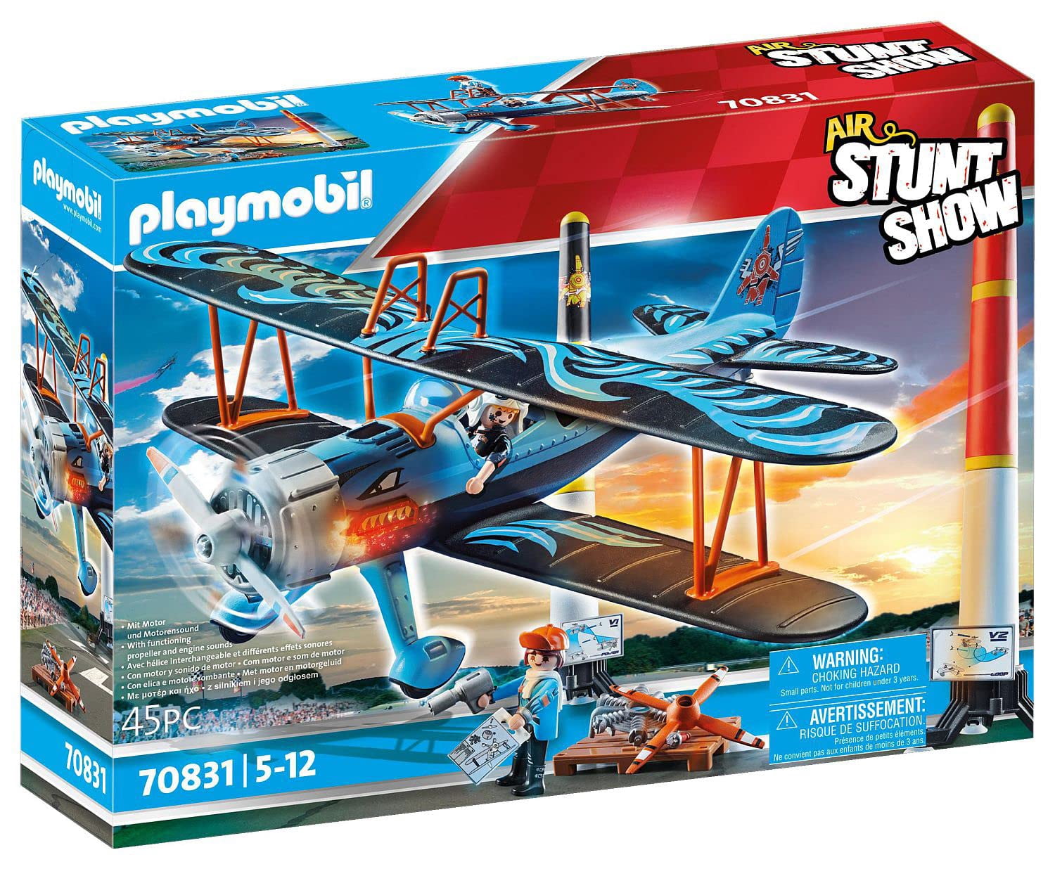 PLAYMOBIL, Air Stunt Show Phoenix Biplane, Red with Sound Effects