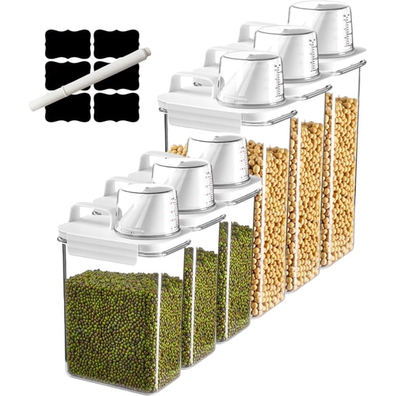 Air Tight Cereal Container Organizer Set of 6 - 1800ML & 2300ML Total 417oz, Dry Food Storage for Pet Food, Rice, Oatmeal with Pour Spout Lid and Plastic Small Measuring Cup for Flour and Sugar