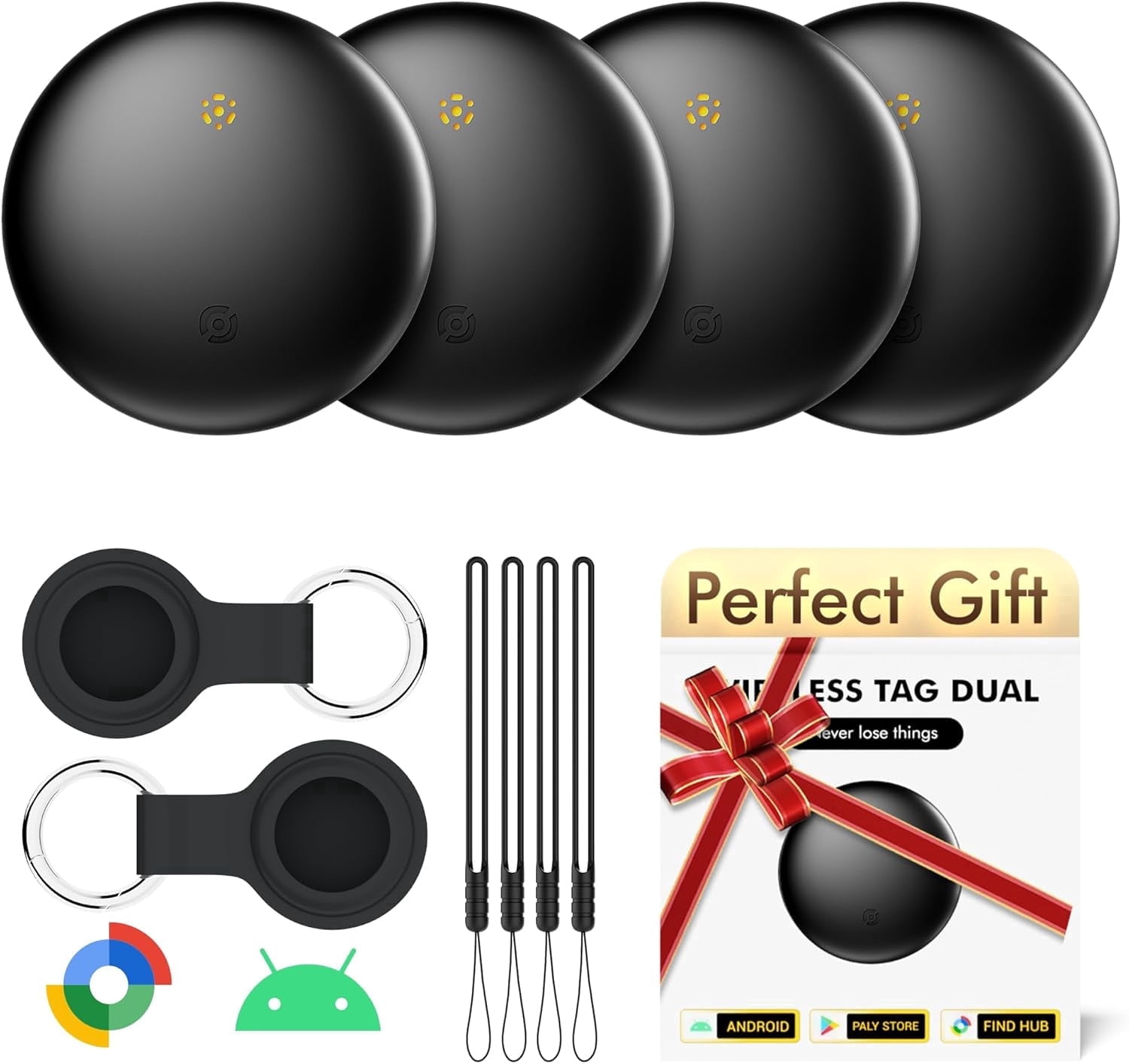 Air Tracker Tags 4 Pack for Android with Case- Bluetooth GPS Tracker Item Finder for Key, Wallet, Luggage - Works with Google Find Hub, IP66 Waterproof, Smart T