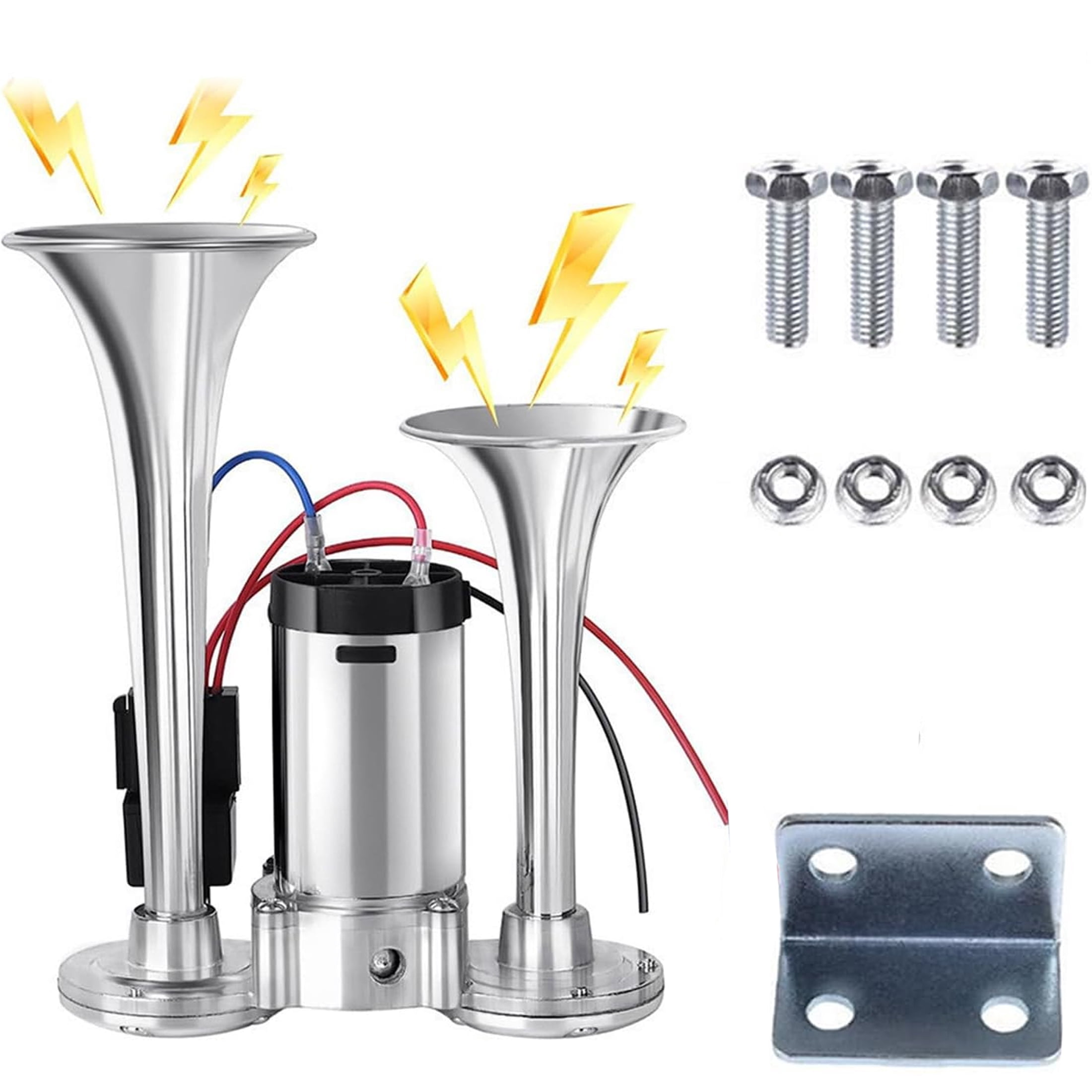 Air Train Horn Kit Silver 150DB, Super Loud Dual Electric Horn with Compressor for 24V Vehicles Trucks Cars Boats