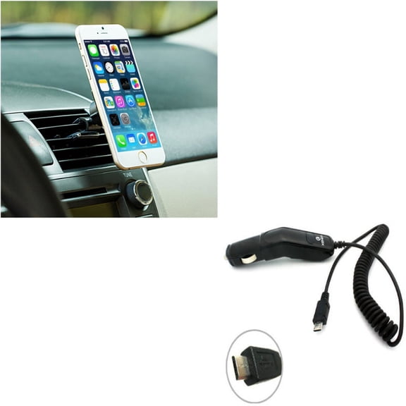 Air Vent Magnetic Car Mount w Coiled Micro-USB Charger for Samsung Galaxy J7 V (2017), Grand Prime Express Prime, Perx, S7 Edge S6 Edge+ Edge Active S5 Active, Note 5 4 3 Mega 2, J5 J3 Emerge