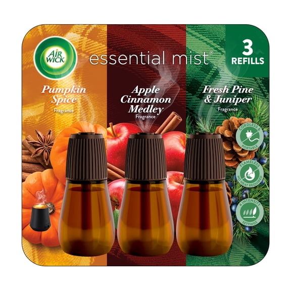 Air Wick Essential Mist Fall Scented Oil Cordless Diffuser Refills, Pumpkin, Apple, Pine, 3 Count