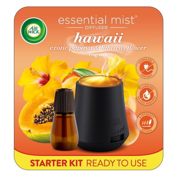 Air Wick Essential Mist Cordless Oil Diffuser Kit, Air Freshener, Hawaii Exotic Papaya & Hibiscus Flower, 1 Diffuser + 1 Refill