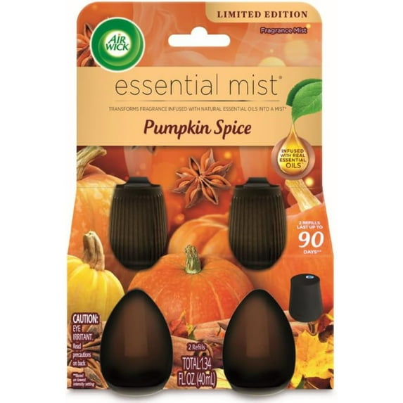 Air Wick Essential Mist Refill, 2ct, Pumpkin Spice, Fall Scent, Essential Oils, Air Freshener