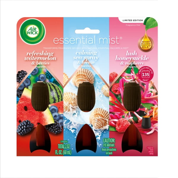 Air Wick Essential Mist Scented Oil Air Freshener Diffuser Refills Multipack, Watermelon and Berries, Sea Spray and Breeze, Honeysuckle and Raspberry, 3 Count