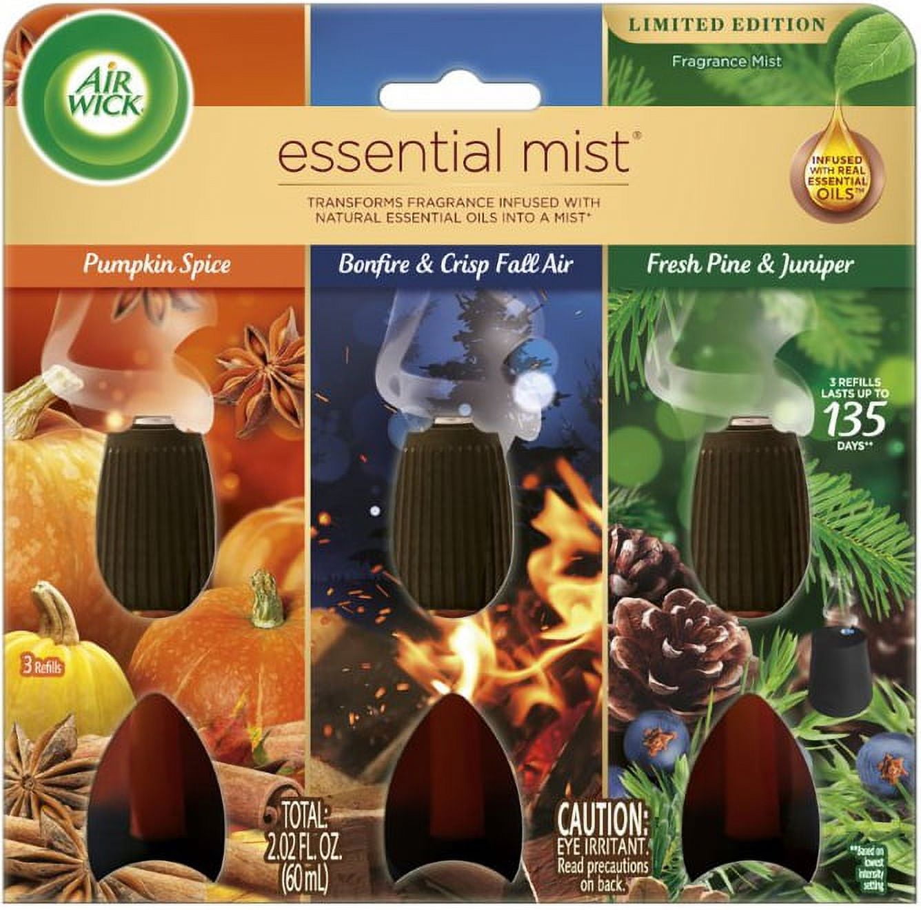 Air Wick Essential Mist Refill, 3ct, Multipack, Pumpkin Spice, Bonfire
