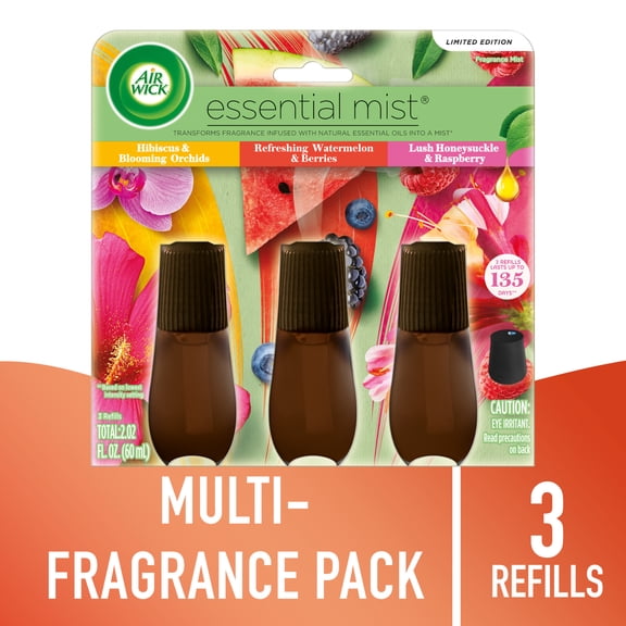 Air Wick Essential Mist Scented Oil Air Freshener Diffuser Refills Multipack, Hibiscus and Blooming Orchids, Watermelon and Berries, Honeysuckle and Raspberry, 3 Count