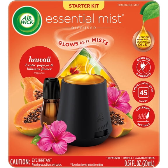 Air Wick Essential Mist Scented Oil Air Freshener Diffuser Kit, Hawaii Exotic Papaya and Hibiscus Flower, 1 Diffuser and 1 Refill