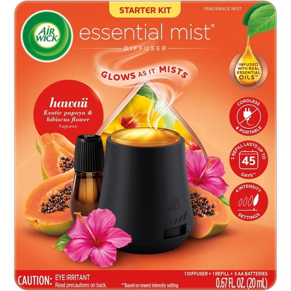 Air Wick Essential Mist Scented Oil Air Freshener Diffuser Kit, Hawaii Exotic Papaya and Hibiscus Flower, 1 Diffuser and 1 Refill