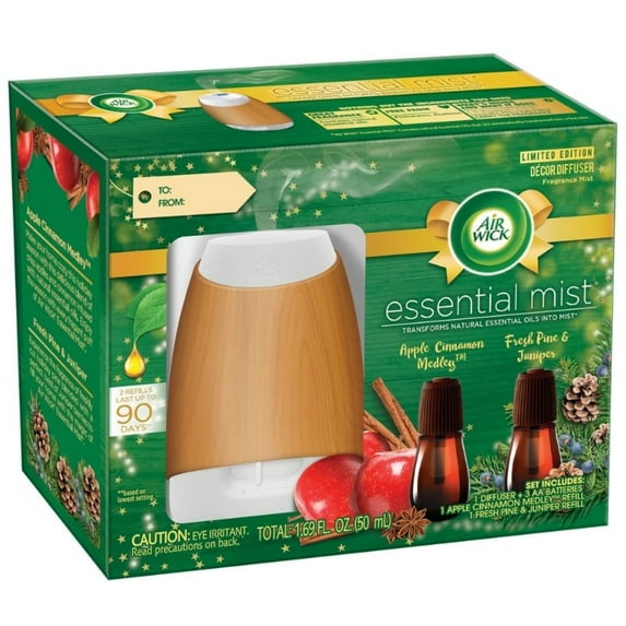 Air Wick Essential Mist Starter Kit (1 Diffuser + 2 Refills), Apple & Cinnamon, Woodland Pine, Essential Oils Diffuser