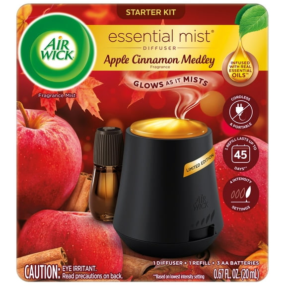 Air Wick Essential Mist Fall Scented Oil Air Freshener Diffuser Starter Kit, Apple Cinnamon, 2 Piece