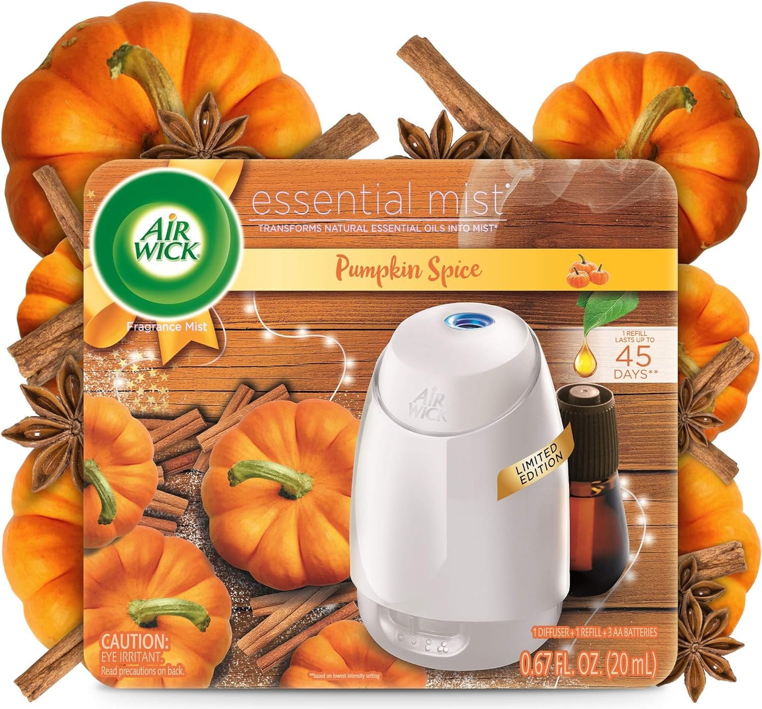 Air Wick Essential Mist Starter Kit (Diffuser + Refill), Pumpkin Spice, Fall scent, Fall spray, Essential Oils Diffuser, Air Freshener