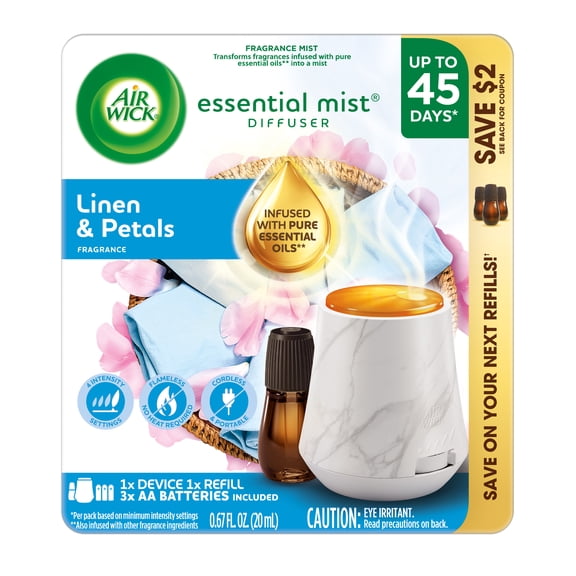 Air Wick Essential Mist Scented Oil Cordless Diffuser Starter Kit, Linen and Petals, 2 Piece