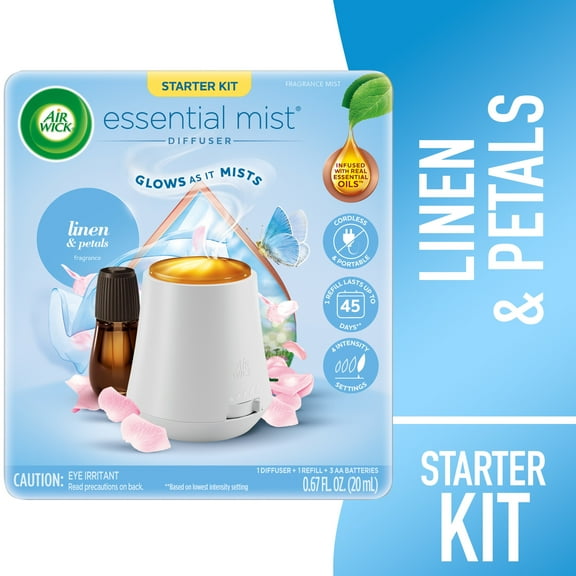 Air Wick Essential Mist Scented Oil Air Freshener Diffuser Starter Kit, Linen and Petals, 2 Piece