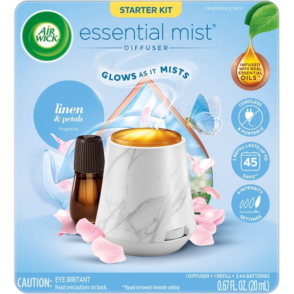Air Wick Essential Mist Scented Oil Air Freshener Diffuser Starter Kit, Linen and Petals, 2 Piece