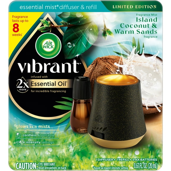 Air Wick Essential Mist Vibrant Scented Oil Air Freshener Diffuser Starter Kit, Island Coconut and Warm Sands, 2 Piece