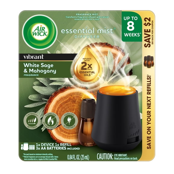 Air Wick Essential Mist Vibrant Scented Oil Cordless Diffuser Starter Kit, White Sage & Mahogany, 2 Piece