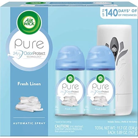 Air Wick Freshmatic Automatic Spray Kit Dispenser, (Gadget + 2 Refills), Fresh Linen, Same Familiar Smell Of Fresh Linen, Air Freshener, Essential Oils, Odor Neutralization, Packaging May Vary
