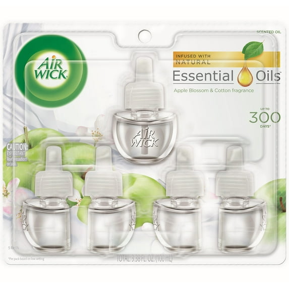 Air Wick Plug In Scented Oil, 5 Refills, Apple Blossom & Cotton, Essential Oils, Air Freshener, Packaging May Vary