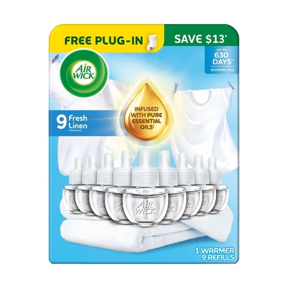 Air Wick Plug In Scented Oil Air Freshener, Fresh Linen, 1 Free Warmer + 9 Refills