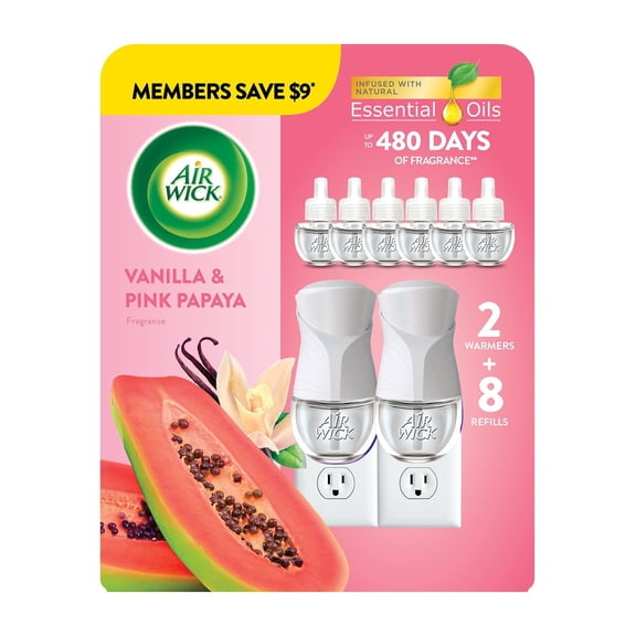Air Wick Plug In Scented Oil Air Freshener, Vanilla & Pink Papaya, 2 Warmers + 8 Refills