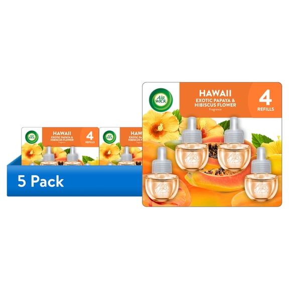 (5 pack) Air Wick Plug-In Scented Oil Warmer Air Freshener Refills, Hawaii Papaya & Hibiscus, 4 Count