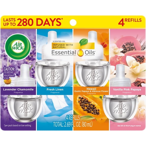 Air Wick Plug-In Scented Oil Air Freshener Warmer Refills Multipack, Lavender, Fresh Linen, Hawaii, and Vanilla and Pink Papaya, 4 Count