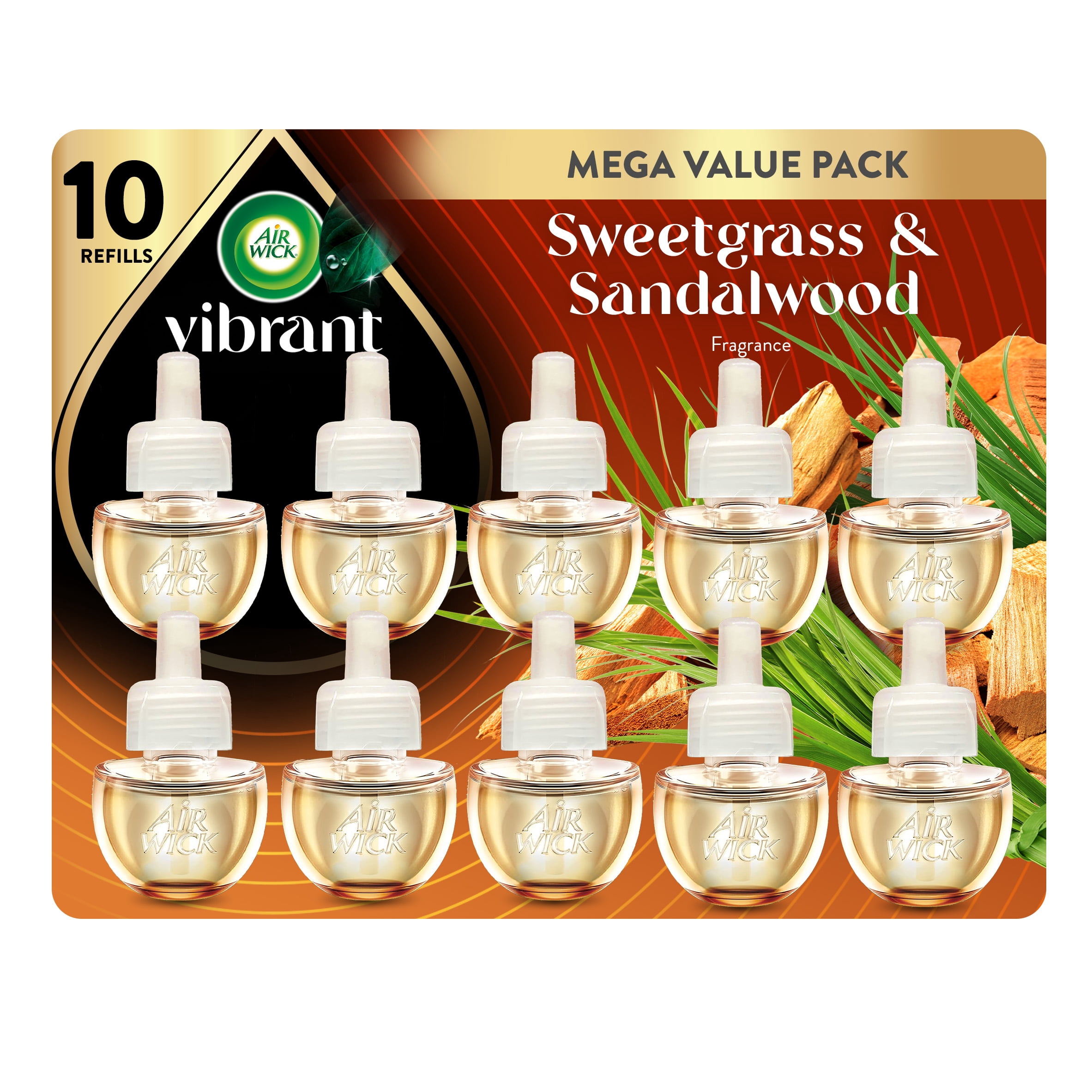 Air Wick Plug-In Scented Oil Air Freshener Warmer Refills, Vibrant Sweetgrass and Sandalwood, 10 Count