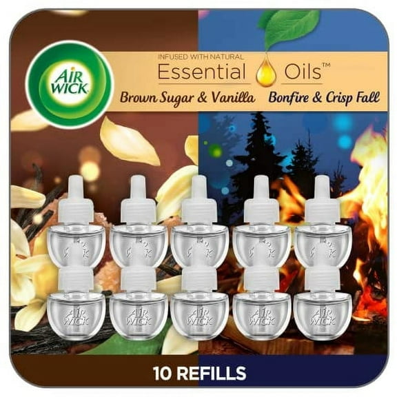 Air Wick Plug In Scented Oil Refill, 10ct, Bonfire & Crisp Fall Air + Brown Sugar & Vanilla, Essential Oils, Air Freshener.