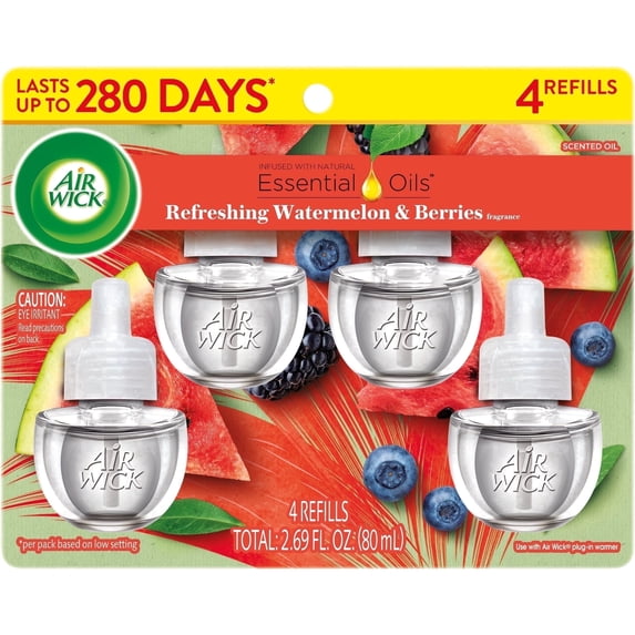 Air Wick Plug-In Scented Oil Refills, Refreshing Watermelon and Berries, 4 Count